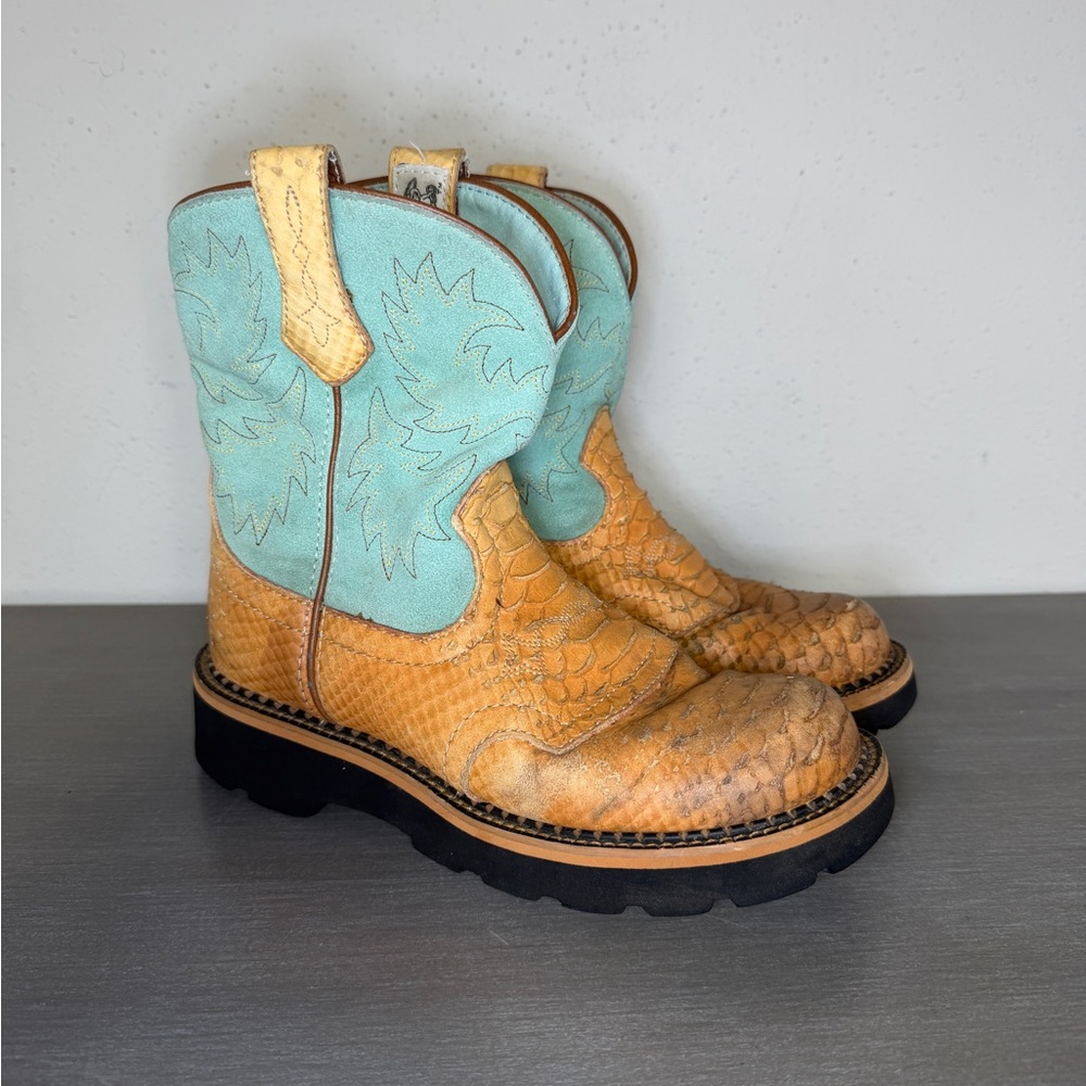 Ariat Fatbaby Heritage 14825 Snakeskin Aqua Leather Western Boots Womens Sz 6 B